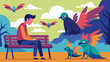 An oil painting of a person sitting on a park bench watching as birds transform into sinister creatures in front of their eyes.. Vector illustration