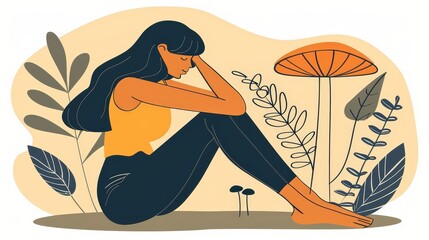 Wall Mural -   A woman sits on the ground, before her a plant A mushroom lies to her side