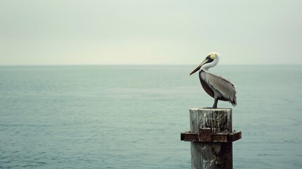 A Pelecaniformes bird with a long beak perched on a wooden post by the lake, gazing at the fluid water under the vast sky AIG50