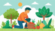 In a peaceful garden a man carefully harvests fresh vegetables and herbs for a calming afternoon of cooking and relaxation..