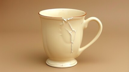 Wall Mural -   A white coffee mug, bearing a large crack down its midline, and a smaller one on its side