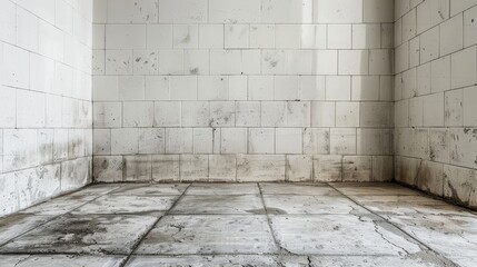 Wall Mural -   An empty room featuring white brick walls and a grubby floor due to excessive dirt in the grout