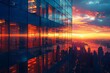 Highrise office building at sunset, reflecting the cityscape in its glass facade