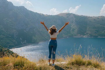 Happy woman standing with her back in nature in summer with open hands posing with mountains. Woman in the mountains, eco friendly, summer landscape active rest