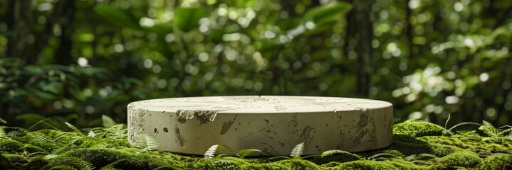 A small green stone sits on a mossy rock in a lush green garden