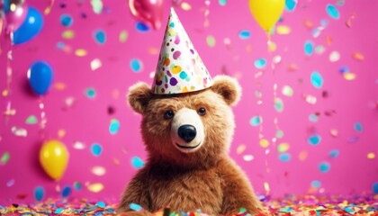 'studio friendly wearing vibrant background. hat confetti bear brithday Funny cute party colorful ai generative grizzly brown wild beast birthday humorous celebration animal'