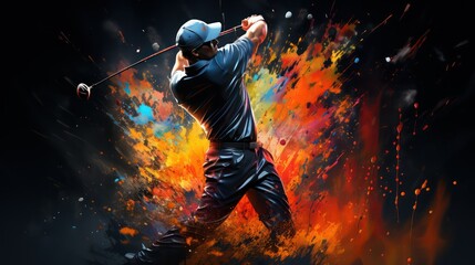 Muscular man playing golf against colorful abstract design on black background