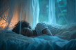 Photo of a girl sleeping calmly surrounded by mosquito net