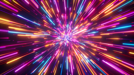 Neon lines converging in a psychedelic explosion of color 3d style isolated flying objects memphis style 3d render AI generated illustration