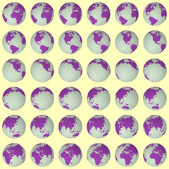 Poster - Collection of earth globes. Slanted sphere view. Rotation step 10 degrees. Solid color style. World map with sparse graticule lines on fair background. Vibrant vector illustration.