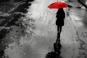 A woman is walking down a wet street with an umbrella. The image has a moody and somber feel to it, as the woman is alone and the rain seems to be falling heavily. The umbrella is a bright red color
