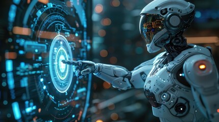 Poster - The robot points to the screen with a blue circle. Artificial intelligence technology concept