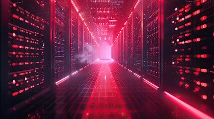 Poster - data technology center server rack in a dark room with red light accents