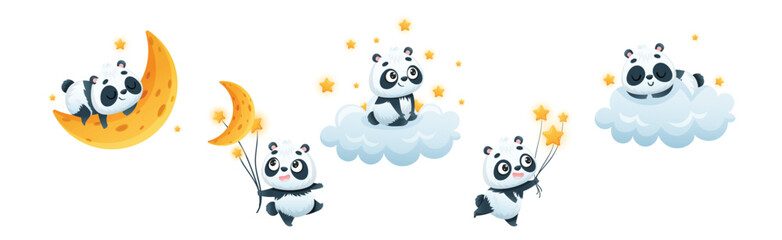 Wall Mural - Cute Baby Panda Character Engaged in Different Activity Vector Set