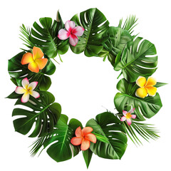 Circle of tropical leaves with a center of bright flowers, isolated on transparent background