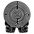 Round spiral maze or labyrinth symbol with two human heads. Philosophical symbol. Mayan warrior man or ball player wearing helmet. Black and white silhouette.