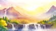 Summer landscape with waterfalls on the background of misty mountains during sunrise in the style of watercolor painting