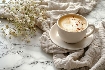 White coffee cup with a white saucer sits on a table with a white blanket. The scene is cozy and inviting