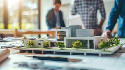 real estate developers and businessmen collaborating on modern business park project office setting