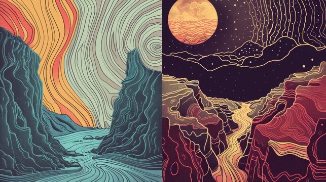 Abstract line art compositions representing the concept of journey and exploration.