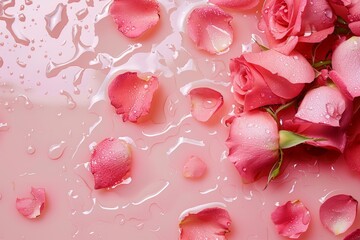 Beautiful rose petals in water on pink background, top view.