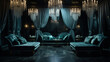 A hauntingly beautiful lounge area with velvet chaise lounges and shimmering curtains, illuminated by a crystal chandelier.
