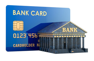 Bank building with credit bank card, 3D rendering isolated on transparent background