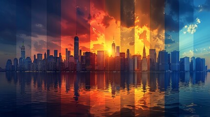 A cityscape in the daytime. Morning, day and night city skyline landscapes, buildings in various times, and an urban cityscape and skyline. Modern background set with architectural silhouettes.