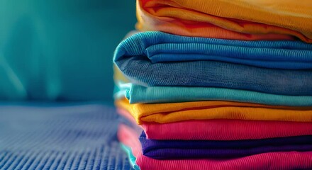 Wall Mural - Closeup of colorful shirts stacked neatly on a blue table. Concept Product Photography, Colorful Clothing, Close-up Shot, Neatly Stacked Shirts, Blue Table