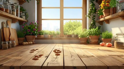 Wall Mural -   A wooden table before a window, adorned with pots holding plants and various potted foliage