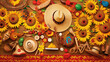 Festa Junina Summer Festival Carnival concept. Brazilian straw hat and colorful flags on wooden background, top view, generative ai