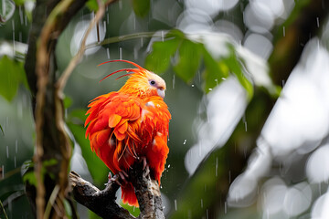 An amazing colorful bird is sitting on a tree and washing his body. Wonderful red and orange birds in the amazon, Brazil.