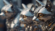 team of futuristic robot metal cats. Close-up.