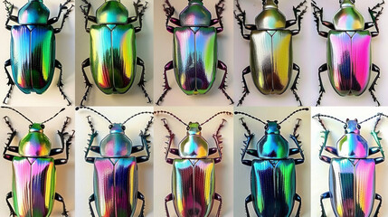 Canvas Print - A grid of various colored iridescent shiny jewel beetle illustrations on a white background.