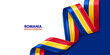 Romania 3D ribbon flag. Bent waving 3D flag in colors of the Romania national flag. National flag background design.