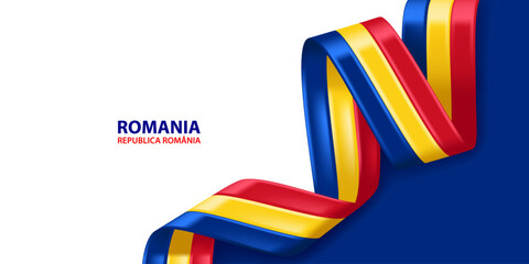 Wall Mural - Romania 3D ribbon flag. Bent waving 3D flag in colors of the Romania national flag. National flag background design.