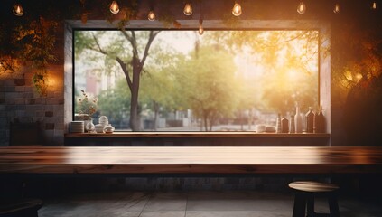 Sticker - a table with a bench in front of a window with a view of a tree outside of it and lights hanging from the ceiling..