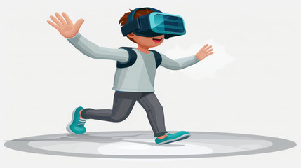 Wall Mural - A boy wearing a blue virtual reality headset. He is standing with his arms outstretched and looking to the left