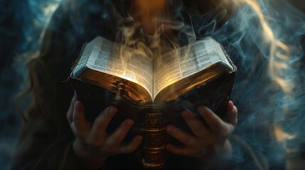 a person holding a book in their hands with smoke coming out of it and a blue background behind them