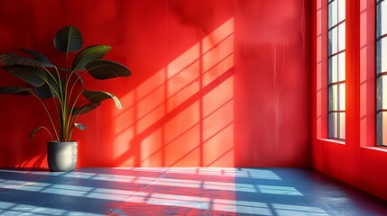 Wall Mural - a plant in a pot on a table in a room with red walls and windows with sunlight coming through