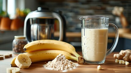 Poster - a glass of milk, bananas, and nuts on a table with a blender in the background