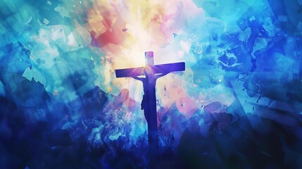 Wall Mural - vibrant watercolor illustration of jesus on the cross with heavenly blue light shining through religious concept art