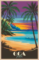 Wall Mural - GOA, India Travel Destination Poster in retro style. Ocean beach landscape digital print. Exotic summer vacation, holidays, tourism concept. Vintage vector colorful illustration.