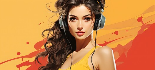 Wall Mural - a woman with headphones and a yellow shirt