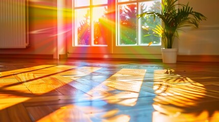 Wall Mural -   A sun-lit room featuring a central potted plant,large window on one side