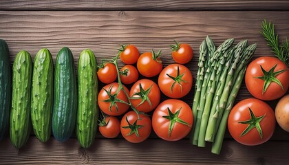 Wall Mural - tomatoes, asparagus and cucumbers on a wooden background with space for text, top view. Proper nutrition and healthy vegetables and vitamins.