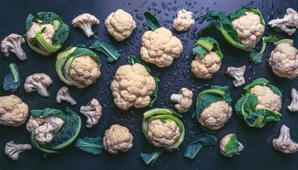 Wall Mural - 
cauliflower in drops of water on a dark background, top view.