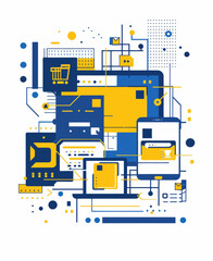 Wall Mural - a blue and yellow abstract design with a shopping cart