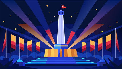 Wall Mural - A spectacular view of the monument lit up in a stunning display of lights and dd in an array of flags reflecting the spirit of unity and patriotism.. Vector illustration