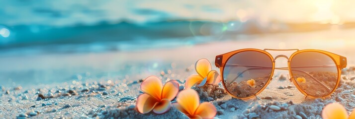 Wall Mural - a pair of sunglasses sitting on top of a sandy beach next to a flower with a bright sun